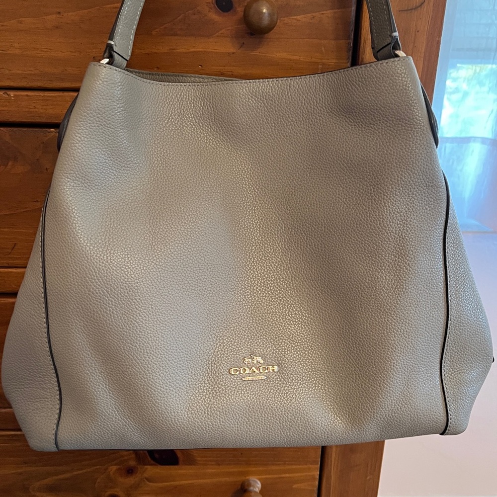 Coach Pebbled Leather Shoulder Bag in Light Gray with Gold Logo